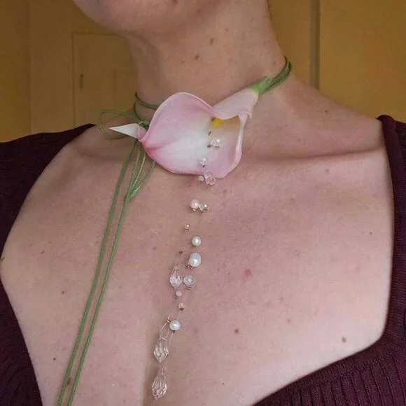 Flower Necklace Women Calla Lily Pearl Tassel Adjustable Ribbon Jewelry - Picture 3 of 6